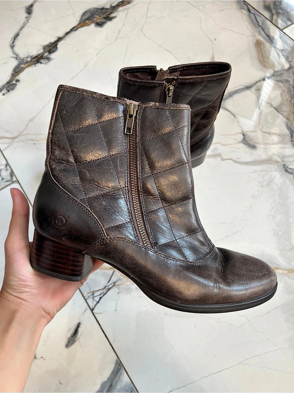 Born Women's Quilted Soft Leather Heeled Ankle Boots in Brown size 8